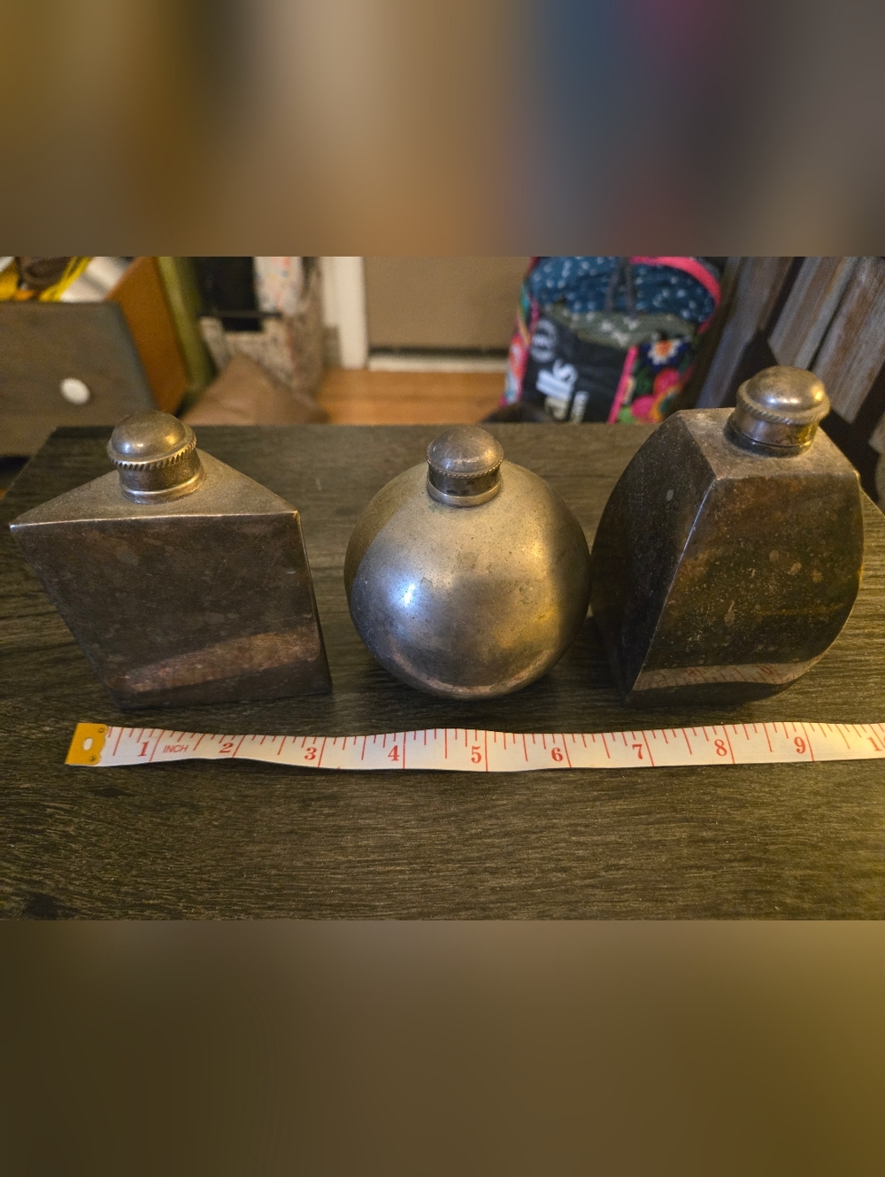Set Of Three Antique Pewter Flasks Or Perfume Bottles